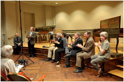 L to R: Metz, Slowik, and harpsichord builders Walter & Berta Burr, Mark Adler, and Thomas & Barbara Wolf.