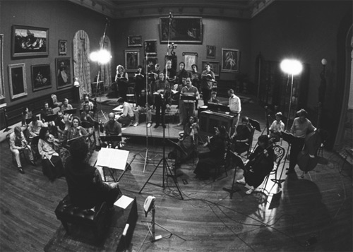 Recording Bach’s St. John Passion at the Renwick Gallery. The sessions began at 10:00 pm and ran into the early morning hours to minimize street and airplane noises. The room’s normal lights were left off to eliminate electrical hum.